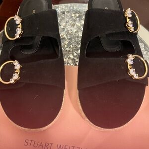 Stuart Weitzman Black Sandals with Gold Buckles